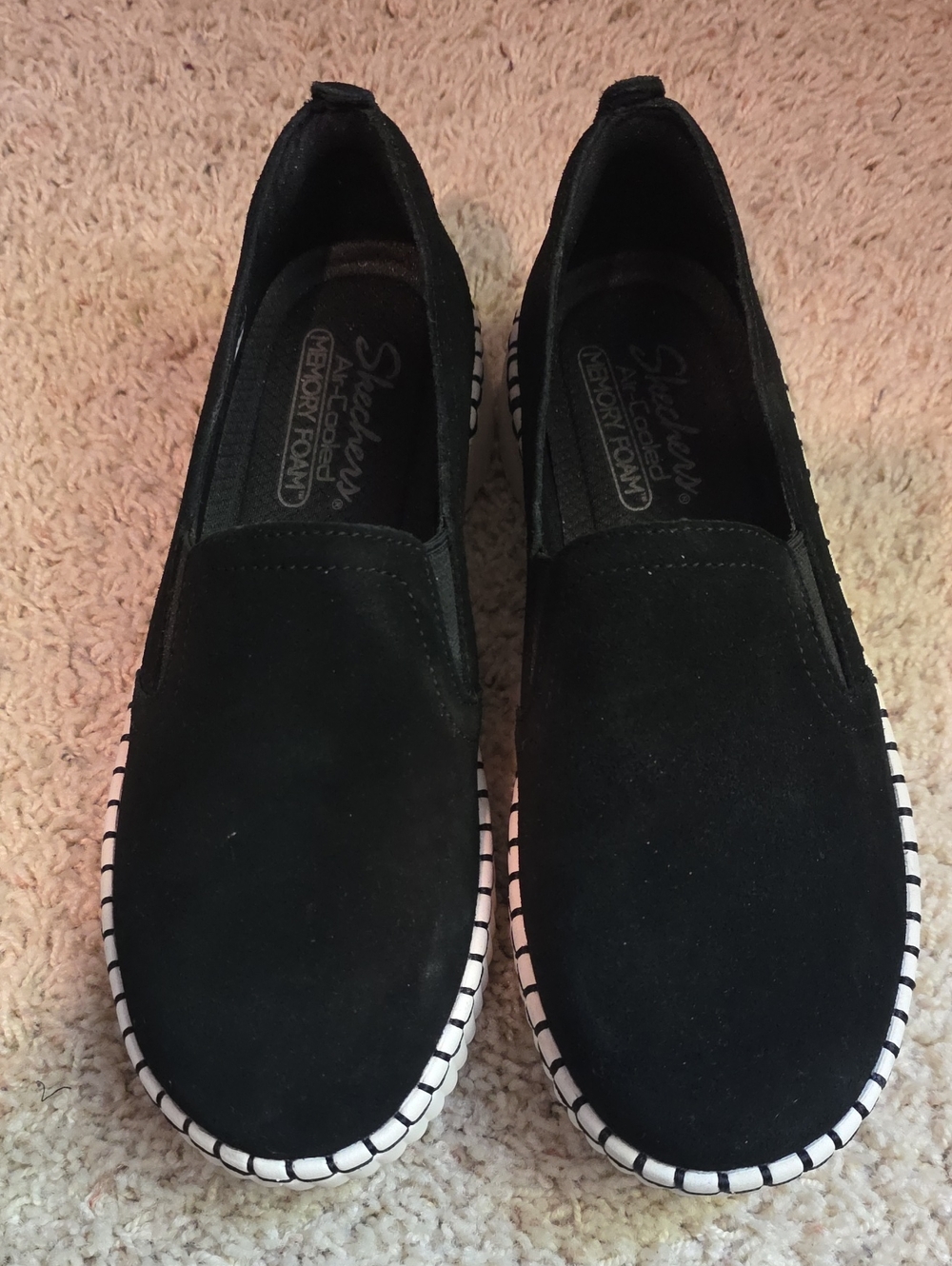 Skechers Black Slip-On Suede Casual Loafers with White-Trim Sole Size 9